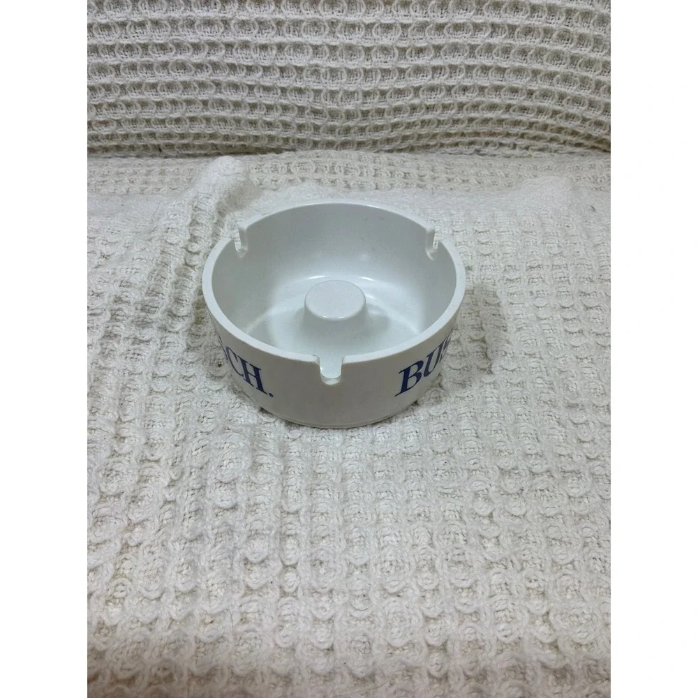 Vintage Busch Beer American Urnapress Melamine Ashtray White Blue Round‎ MCM